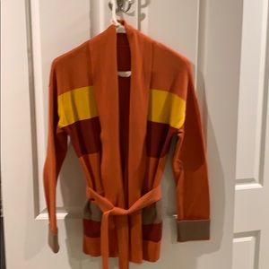 Tie waist cardigan sweater. Burnt orange stripe